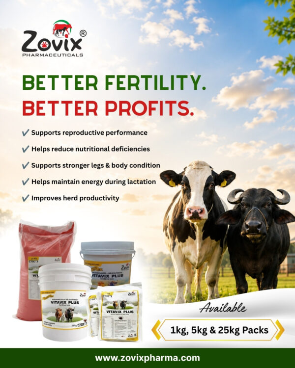 VITAVIX veterinary feed powder containing Vitamin A 700000 IU, Vitamin D3 70000 IU, Vitamin E 250 mg, Calcium 25.0%, Phosphorus 12.75%, Zinc 9600 mg, Magnesium 6000 mg, Iron 1500 mg, Copper 1200 mg, Cobalt 150 mg, Iodine 325 mg, Nicotinamide 1000 mg, Sulphur 0.72%, Potassium 100 mg and Sodium 5.9 mg along with VITAVIX PLUS chocolate flavour microgranulated veterinary feed supplement containing multi minerals, vitamins and chelated formulation for growth, immunity, digestion and overall livestock health by Zovix Pharmaceuticals, veterinary pharmaceutical company in India, veterinary pharma manufacturer India, veterinary medicine manufacturer, veterinary pharmaceutical exporter India, animal healthcare products India, veterinary injection manufacturer India, veterinary bolus manufacturer India, animal feed supplement manufacturer India, veterinary pharma franchise India, third party veterinary manufacturing India, veterinary antibiotic injection manufacturer, livestock medicine supplier India, veterinary pharma distributor India, WHO GMP veterinary pharmaceutical company India, ISO certified veterinary pharma company India, veterinary medicines for cattle India, animal health product exporter India, veterinary pharma company Panchkula, veterinary pharma company Haryana