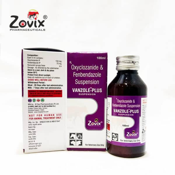 VANZOLE-PLUS(TM) 3000 veterinary suspension containing Oxyclozanide 150 mg and Fenbendazole 75 mg per 5ml for deworming and parasite control in livestock by Zovix Pharmaceuticals, veterinary pharmaceutical company in India, veterinary pharma manufacturer India, veterinary medicine manufacturer, veterinary pharmaceutical exporter India, animal healthcare products India, veterinary injection manufacturer India, veterinary bolus manufacturer India, animal feed supplement manufacturer India, veterinary pharma franchise India, third party veterinary manufacturing India, veterinary antibiotic injection manufacturer, livestock medicine supplier India, veterinary pharma distributor India, WHO GMP veterinary pharma company India, ISO certified veterinary pharma company India, veterinary medicines for cattle India, animal health product exporter India, veterinary pharma company Panchkula, veterinary pharma company Haryana