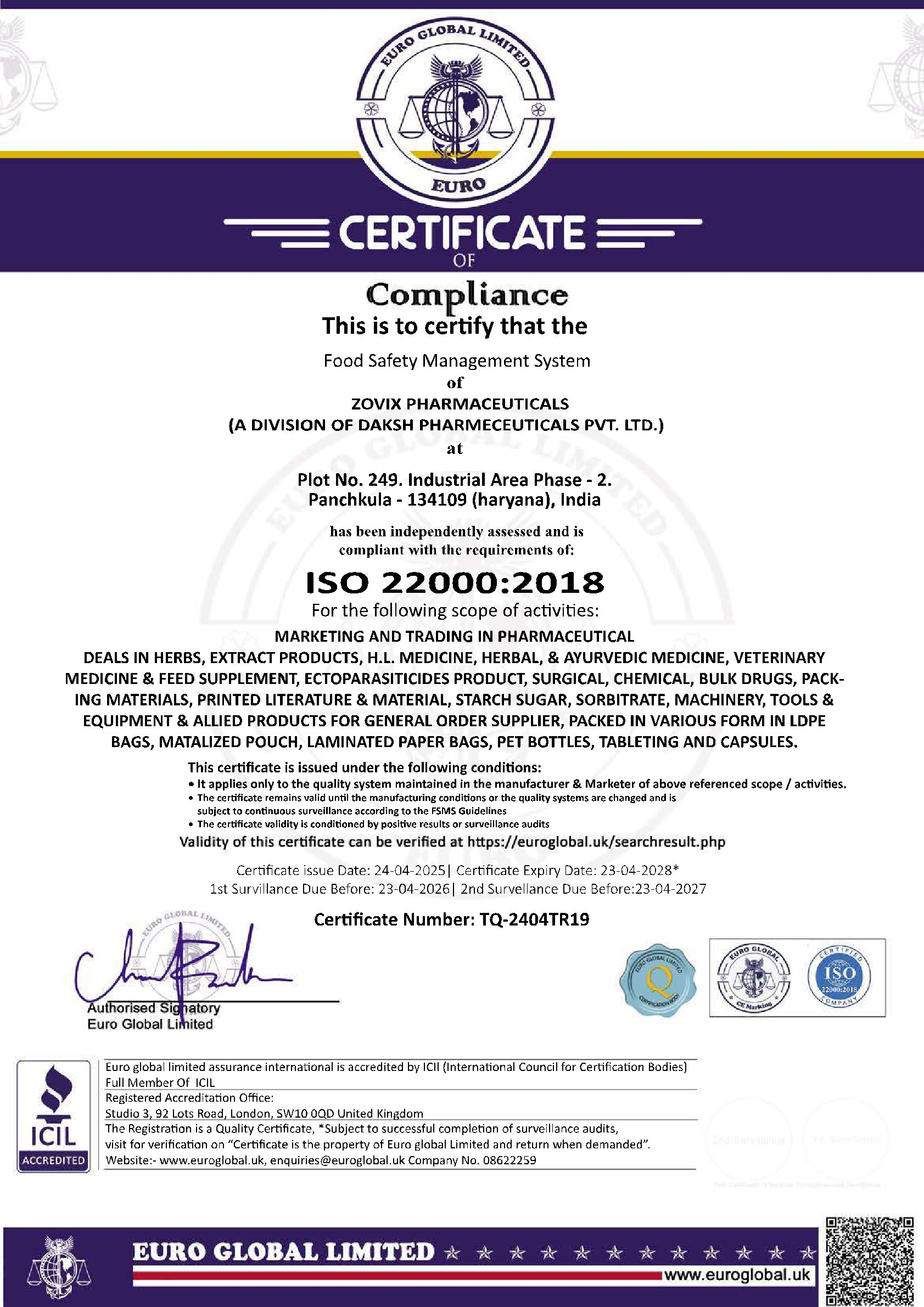 CERTIFIED VETERINARY COMPANY, ZOVIX, VETERINARY CERTIFICATIONS, PRODUCT ACCREDITIONS, ISO-GMP CERTIFIED, REGULATORY CERTIFICATIONS. FSMS EURO ZOVIX PHARMACEUTICALS