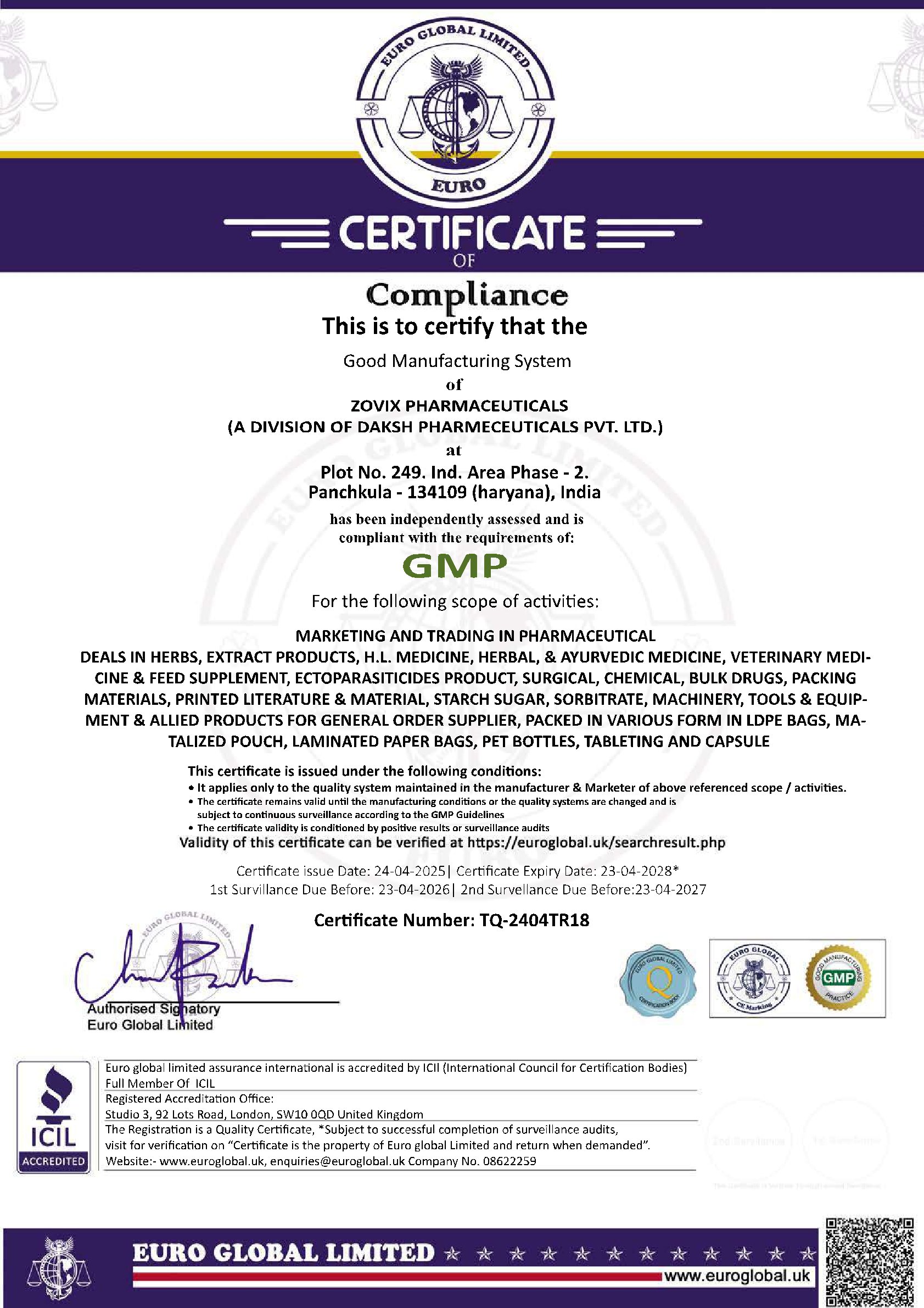 CERTIFIED VETERINARY COMPANY, ZOVIX, VETERINARY CERTIFICATIONS, PRODUCT ACCREDITIONS, ISO-GMP CERTIFIED, REGULATORY CERTIFICATIONS. GMP EURO ZOVIX PHARMACEUTICALS
